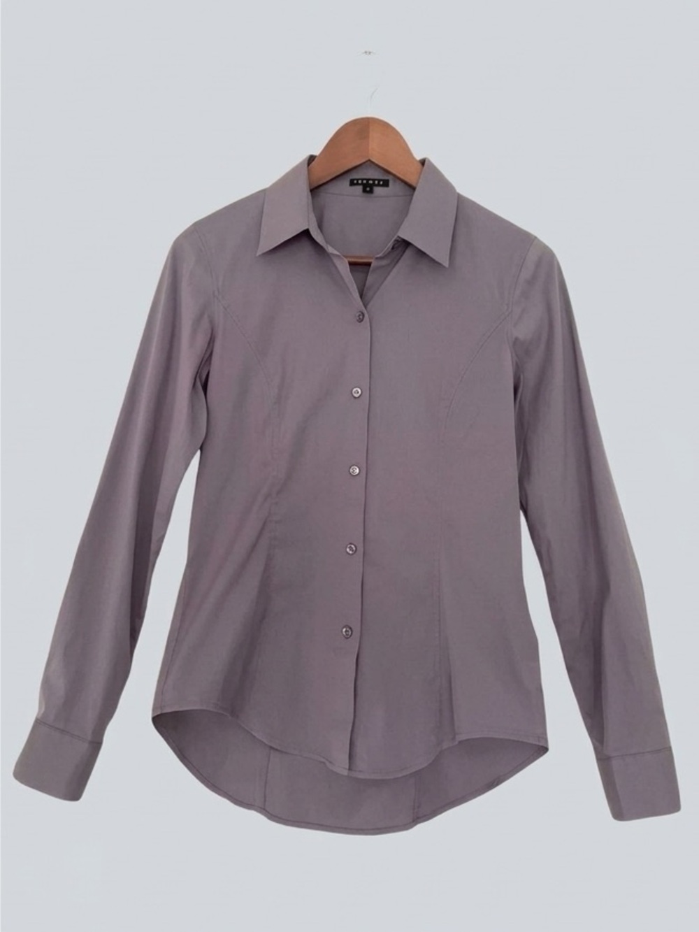 Theory Suelina Impeccable Button Down Shirt Blouse Grey Tailored Stretch Office